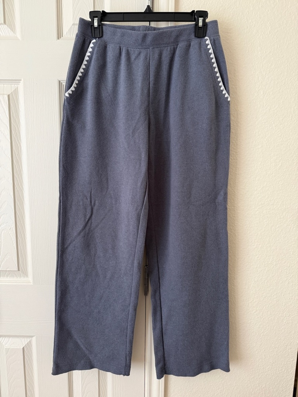 Casual Knit Wide-Leg Pants in Slate Blue with White Trim